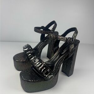 Azalea Wang Kamilla Platform Heels Black Crystal Chunky Heel Size 9 NIB